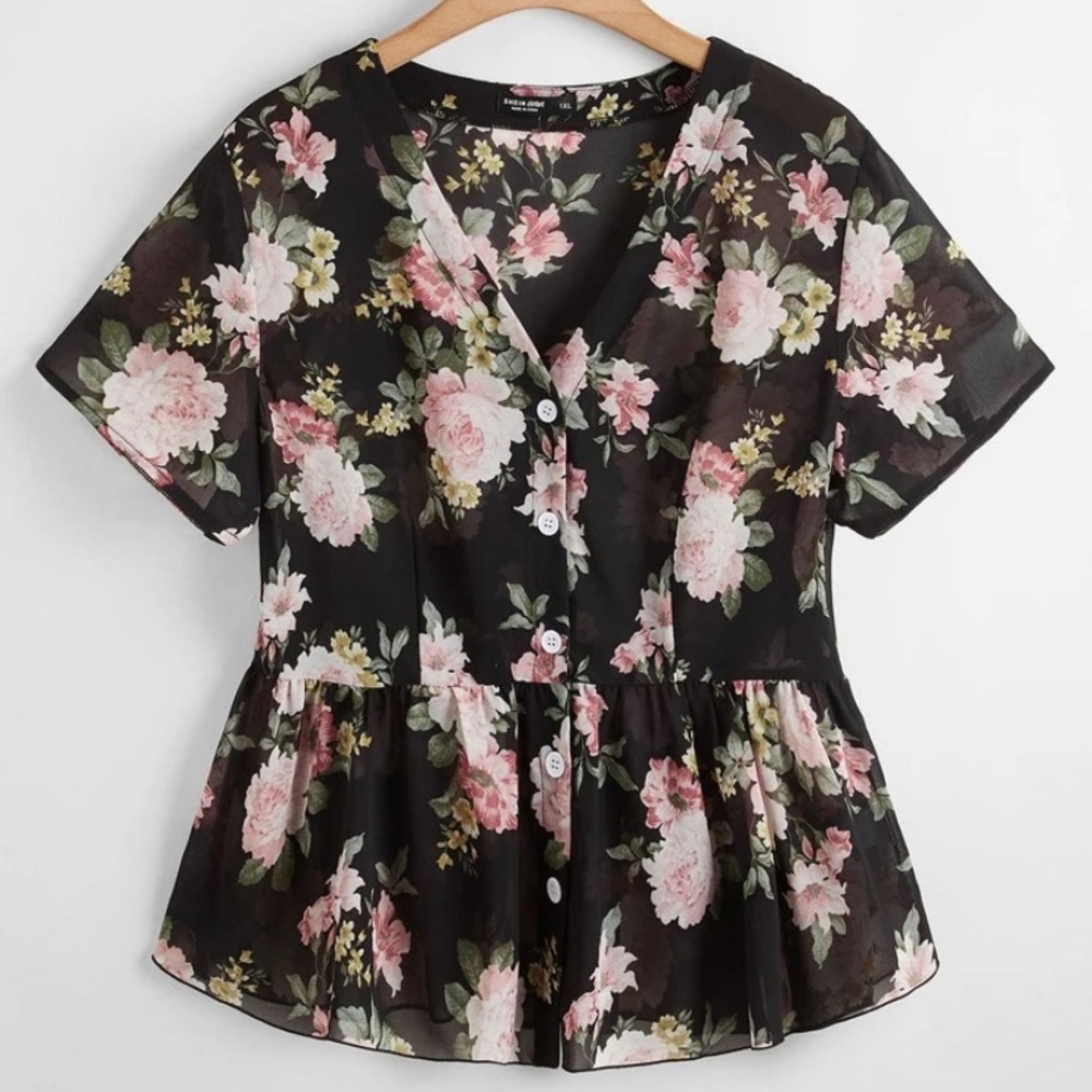 Sheer black floral blouse